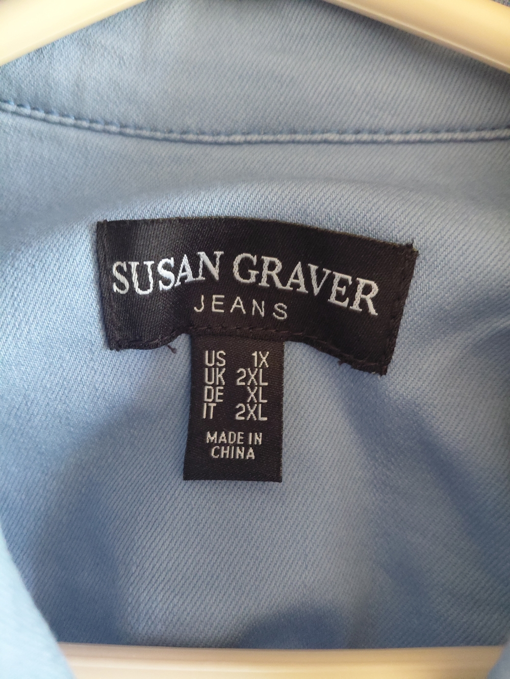Susan Graver Light Blue Embroidered-Hem Women's Jacket - Picture 8 of 11